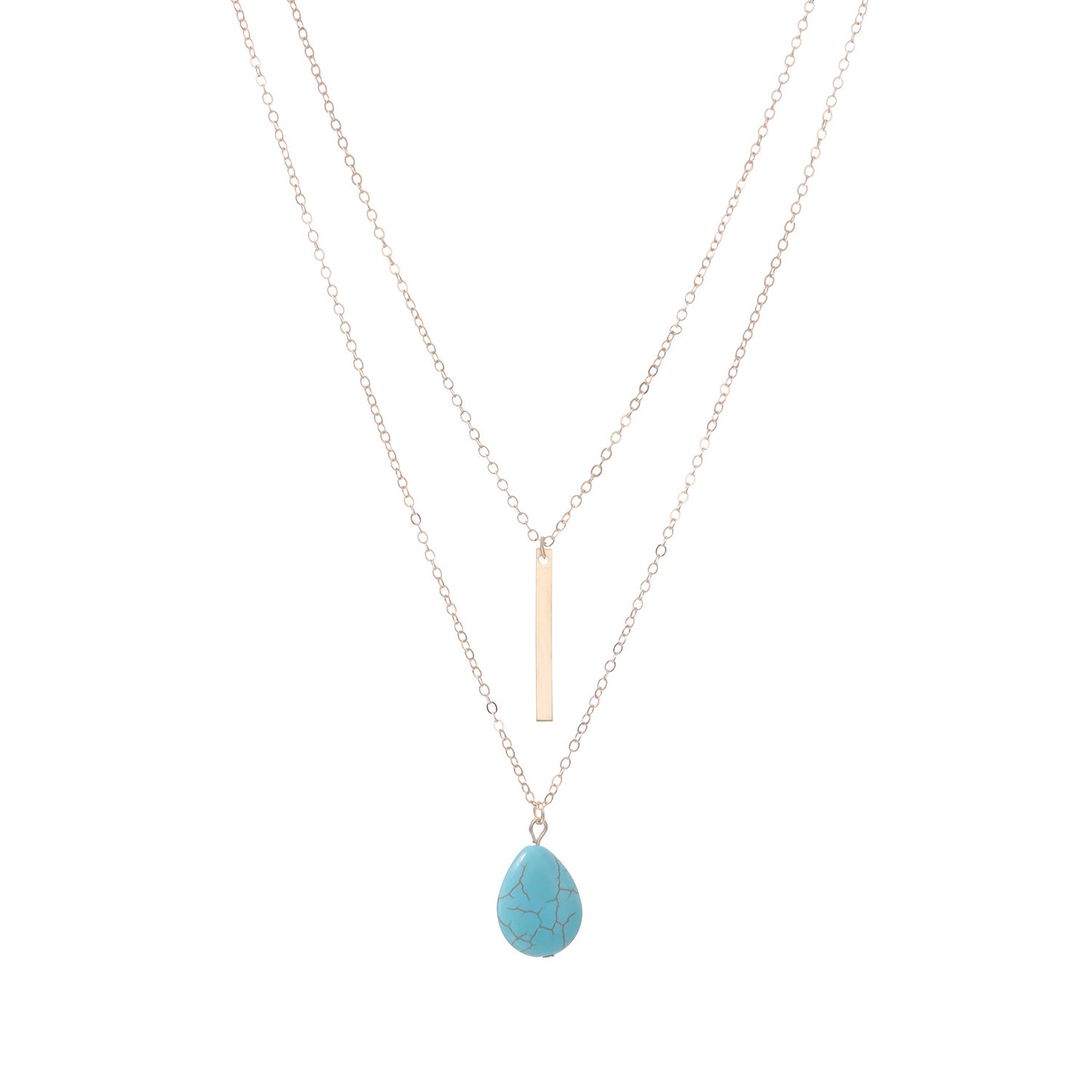 Minimalist Teardrop Turquoise Pendant Necklace with Multi-Layer Metal Chain for Women