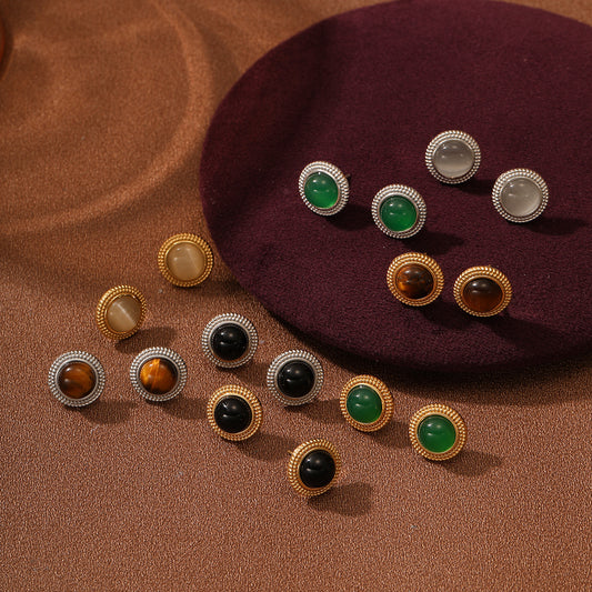 Pendientes de tuerca de ojo de tigre geométricos de moda para mujer en acero de titanio con chapado en oro de 18 quilates