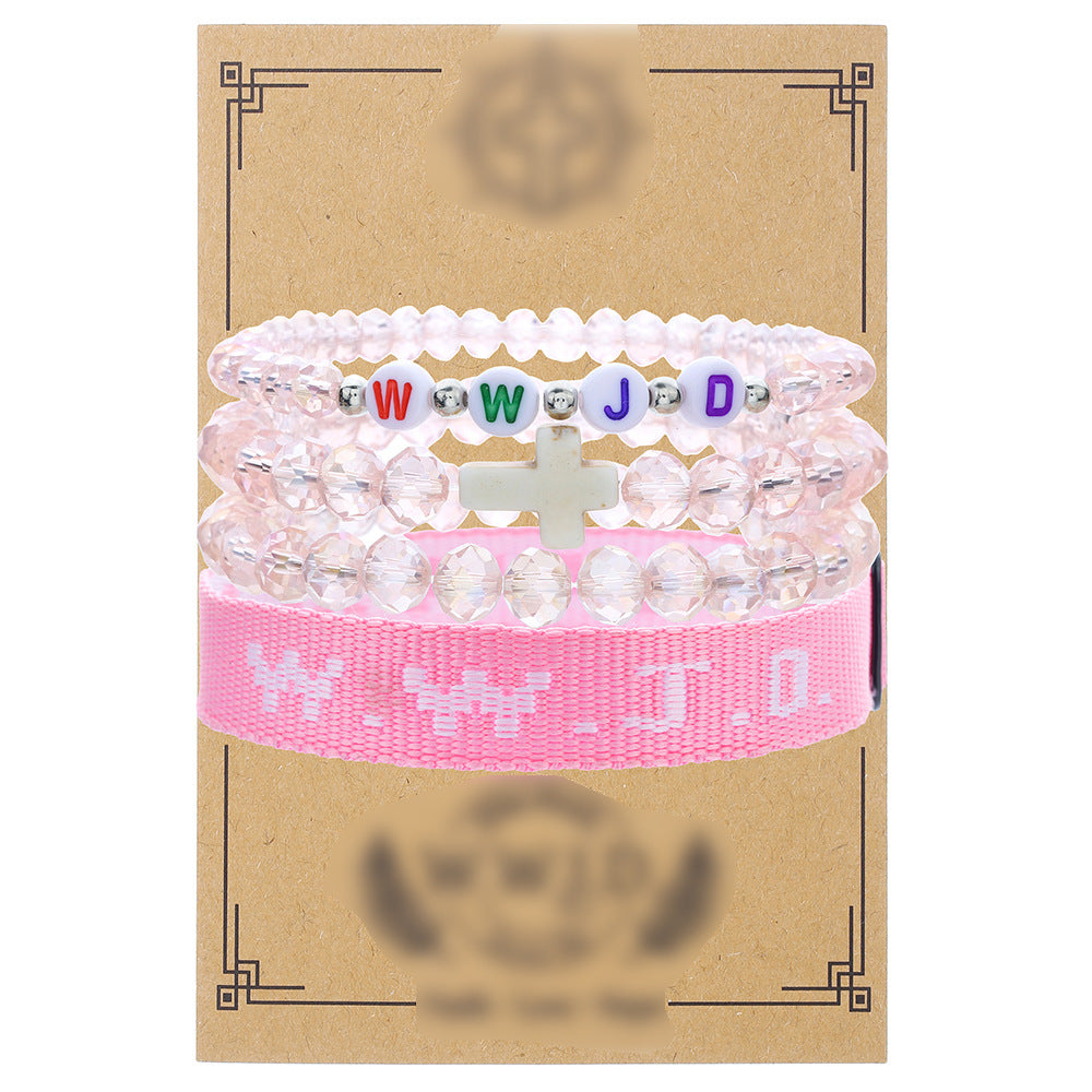 WWJD Letter Cross Turquoise Pearl Crystal Resin Beaded Bracelet Set