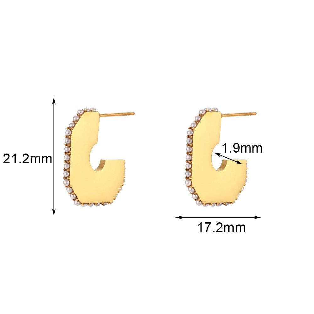 Orecchini geometrici in acciaio inossidabile alla moda con placcatura in oro 18 carati, design cavo a C micro-pavé da donna