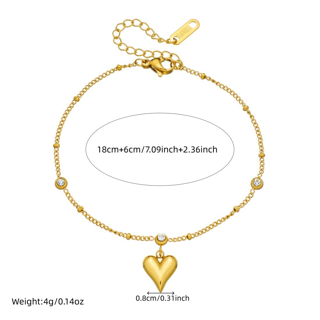 Minimalist Gold Plated Stainless Steel Heart Rhinestone Bracelet for Women