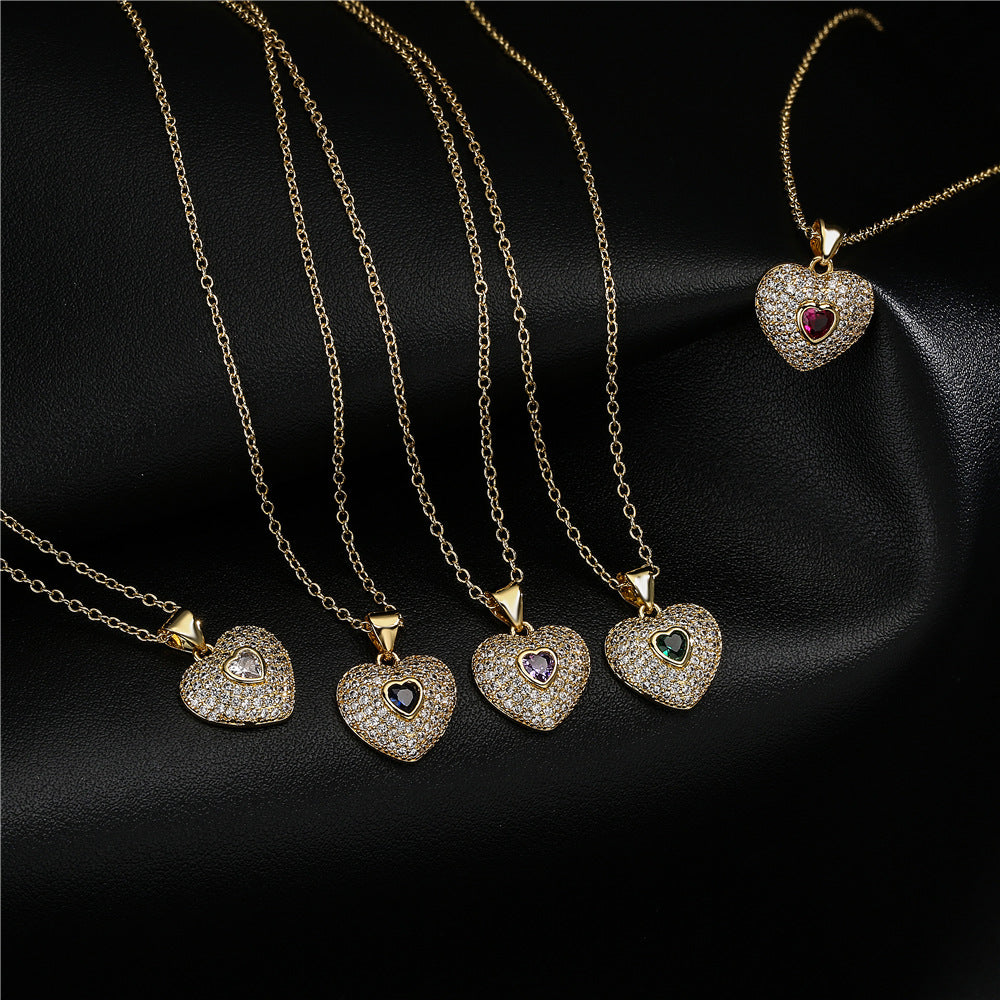 Gold Plated Brass Micro-Inlaid Cubic Zirconia Heart Geometric Pendant Necklace with Cable Chain
