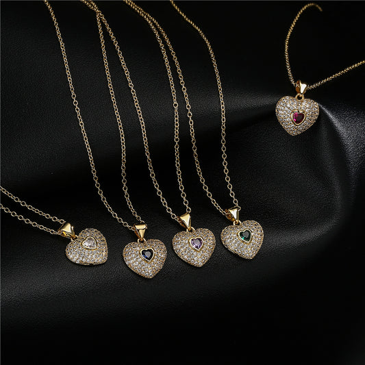 Gold Plated Brass Micro-Inlaid Cubic Zirconia Heart Geometric Pendant Necklace with Cable Chain