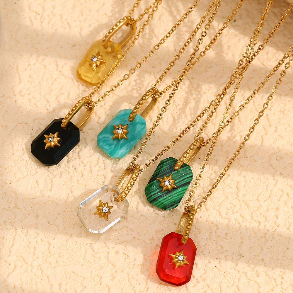 Minimalist Geometric Eight-Pointed Star Pendant Necklace for Women Stainless Steel with 18K Gold Plating and Acrylic Inlay