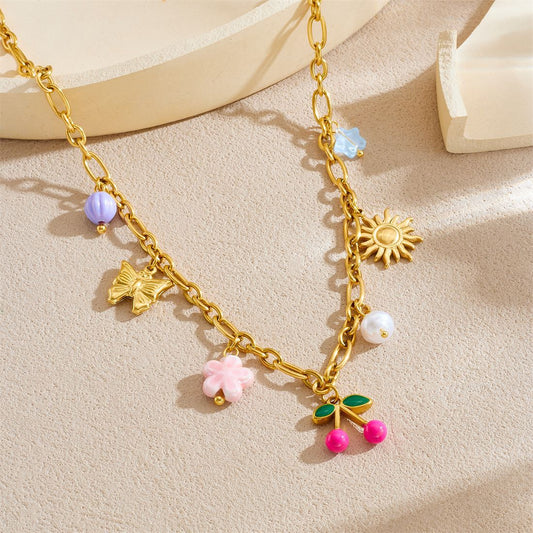 Vintage Sweet Floral Butterfly Drip Oil Gold Plated Stainless Steel Necklace with Pearl and Cherry Pendant