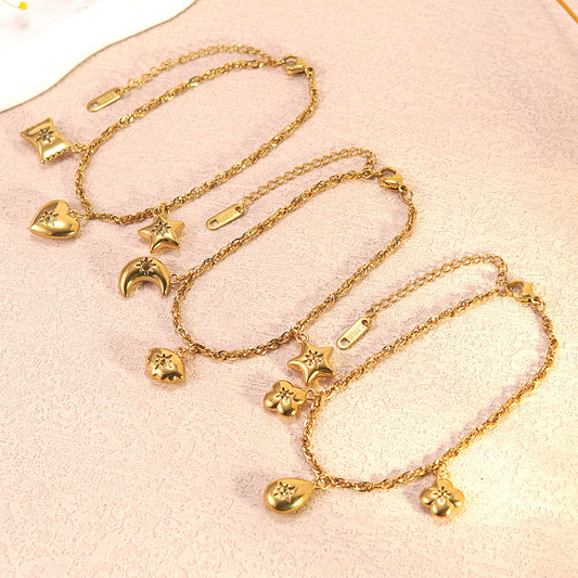 Elegant 18K Gold Plated Stainless Steel Heart Teardrop Star Geometric Bracelet for Women
