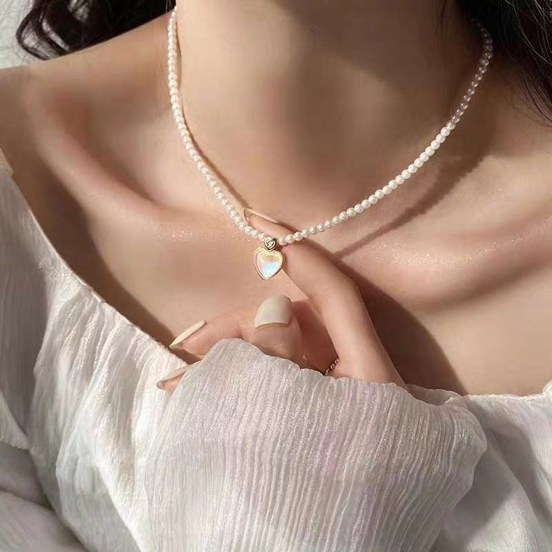 Sweet Ethereal Gradient Heart Pendant Necklace in Titanium Steel with Plated Finish and Pearl Chain