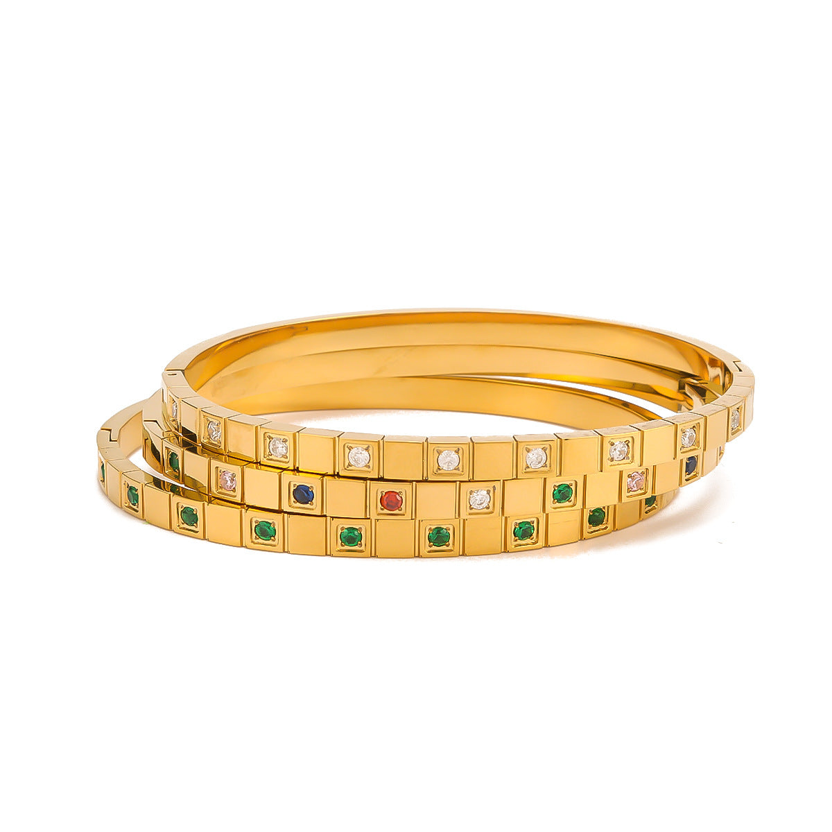 Minimalist Geometric Square Grid Pattern Rhinestone-Embellished Titanium Steel Bracelet with 18K Gold Plating