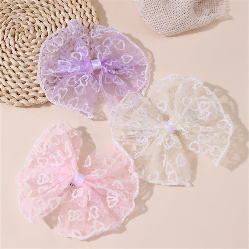Natural Style Bow-Shaped Hair Clip for Kids Made of Plastic Resin with Ruffled Mesh and Spring-Loaded Duckbill Design