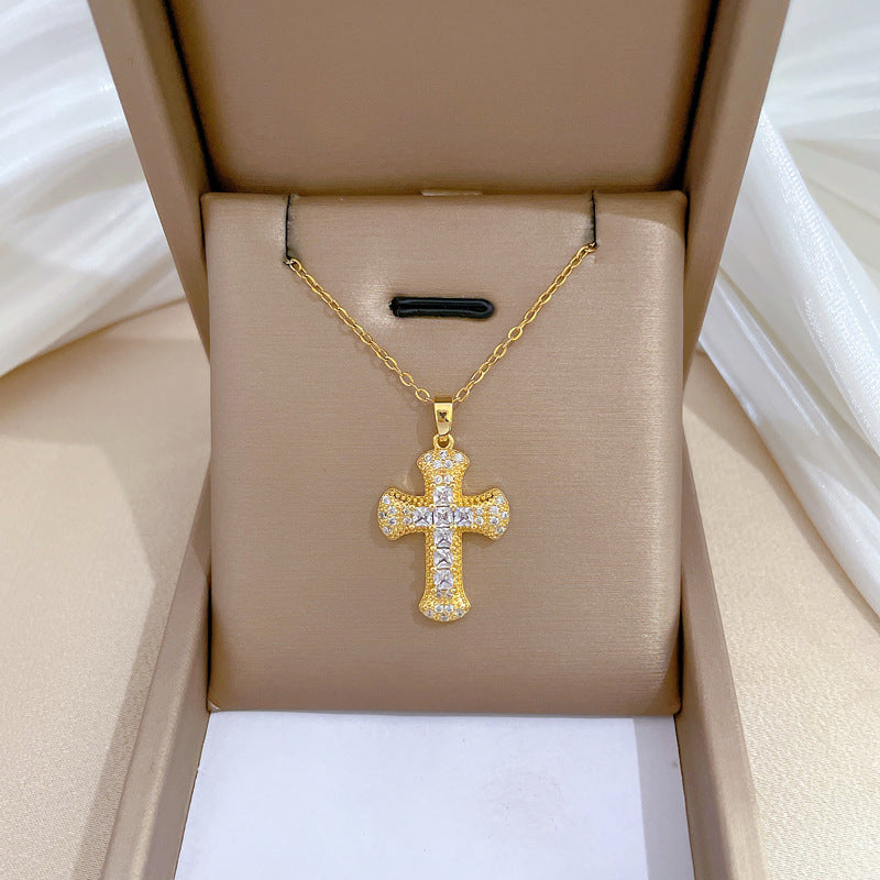 Luxury Titanium Steel Cross Pendant Necklace with Zircon Inlay for Women and Men Collar Chain