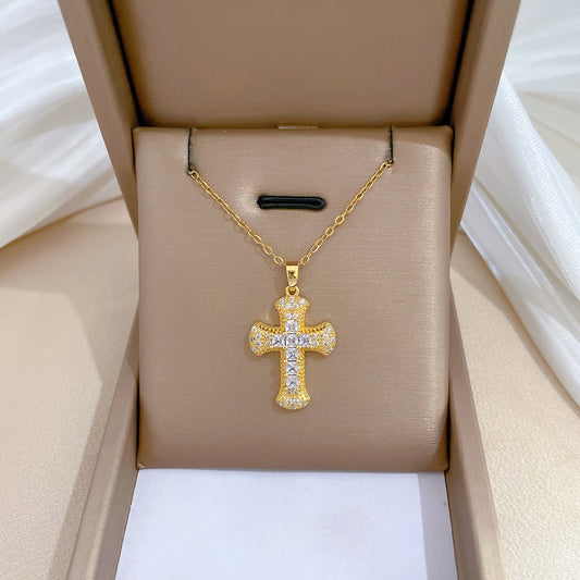 Luxury Titanium Steel Cross Pendant Necklace with Zircon Inlay for Women and Men Collar Chain