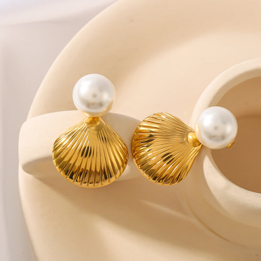 Pendientes de perlas y conchas geométricas minimalistas para mujer de acero inoxidable con chapado al vacío de 18 quilates
