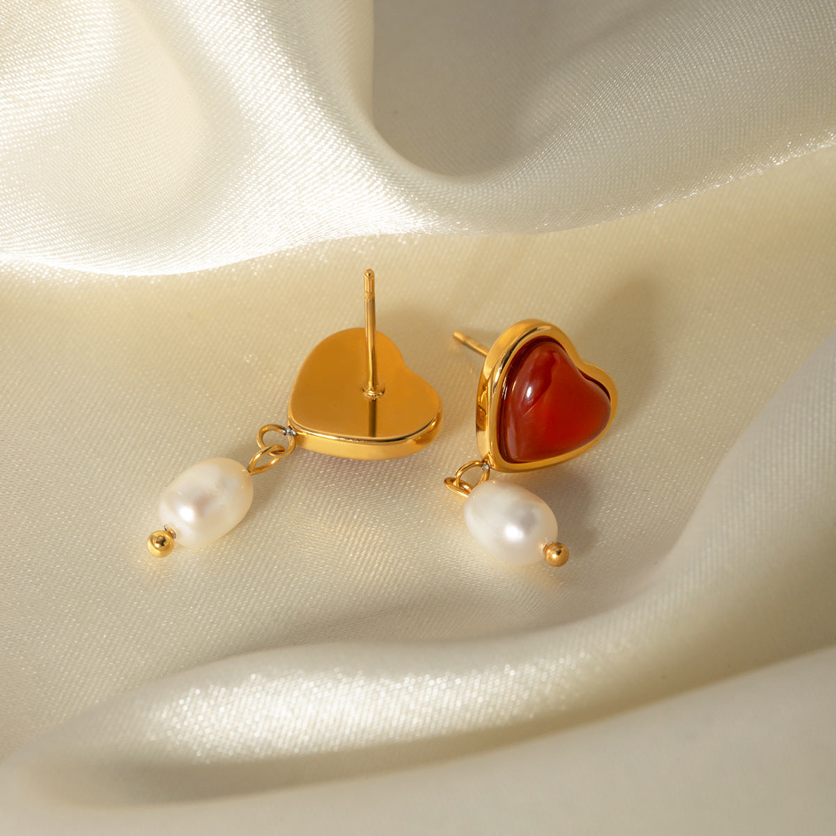 Geometric Stainless Steel Earrings with 18K Gold Plating and Red Agate Heart Inlay for Women
