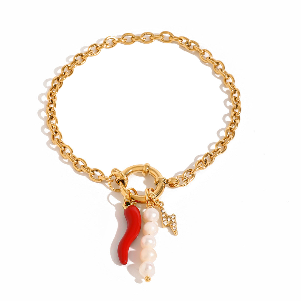 Bracciale da donna Ins Style in acciaio inossidabile placcato oro 18K con perle e nodo marinaresco