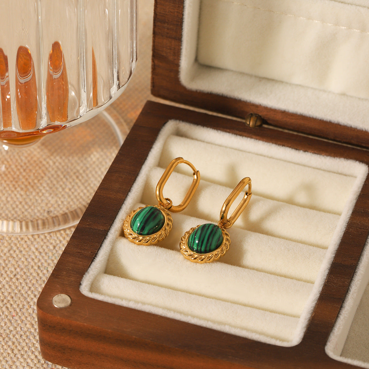 Vintage French Style Oval Stainless Steel Plated Earrings with Natural Malachite Inlay for Women