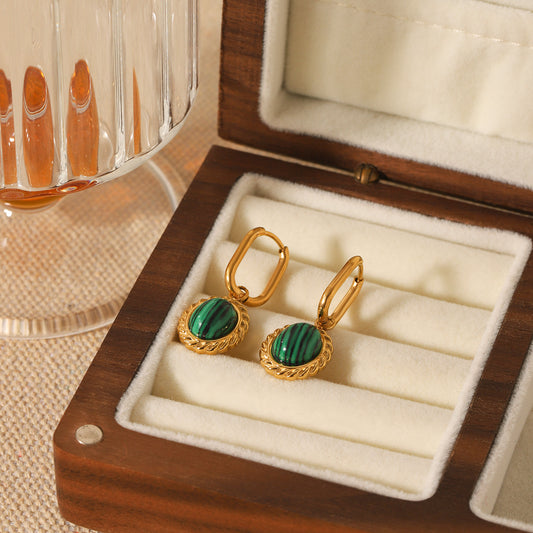 Pendientes ovalados de acero inoxidable estilo francés vintage con incrustaciones de malaquita natural para mujer