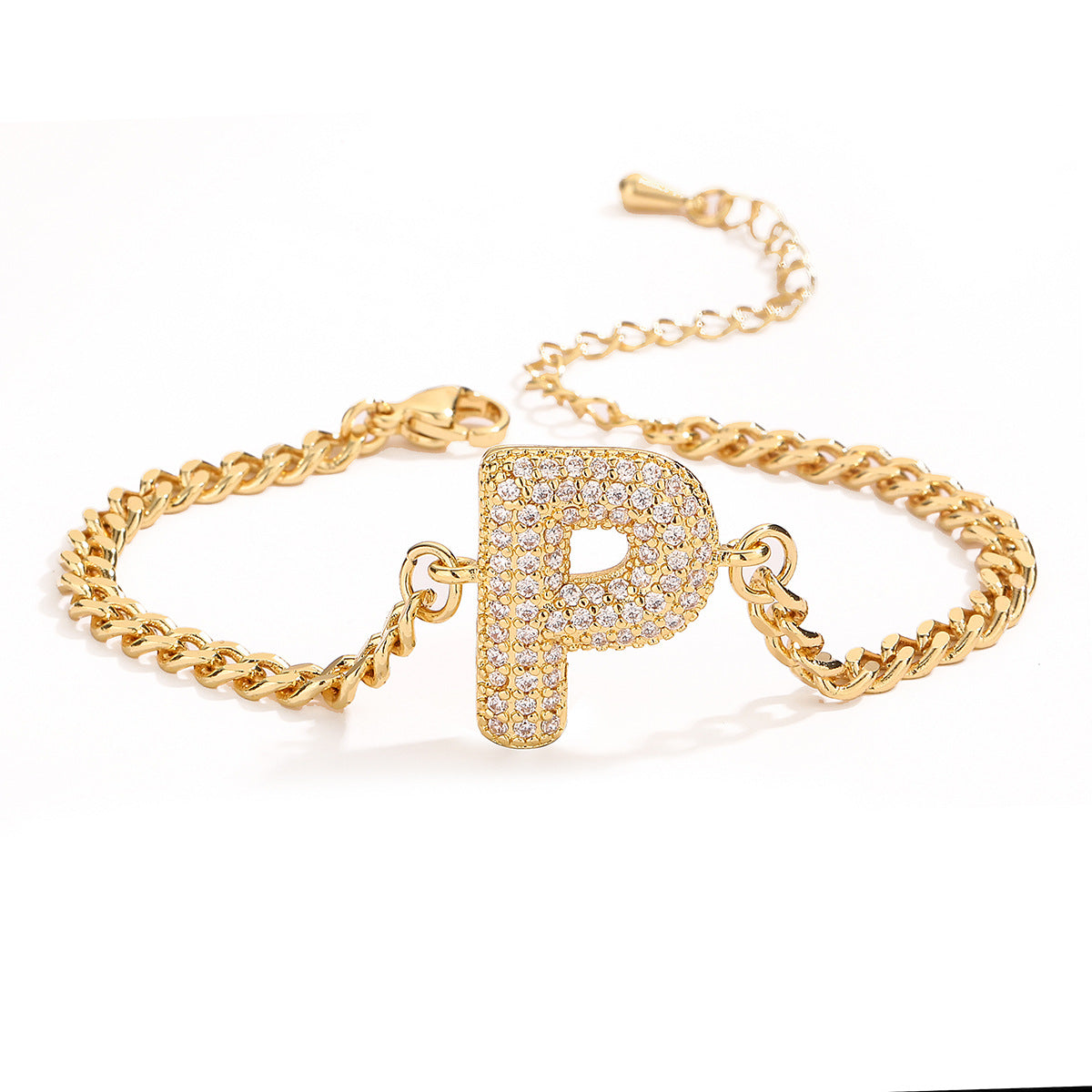 Minimalist Hip-hop 18K Gold Plated Letter Cubic Zirconia Bracelet for Women