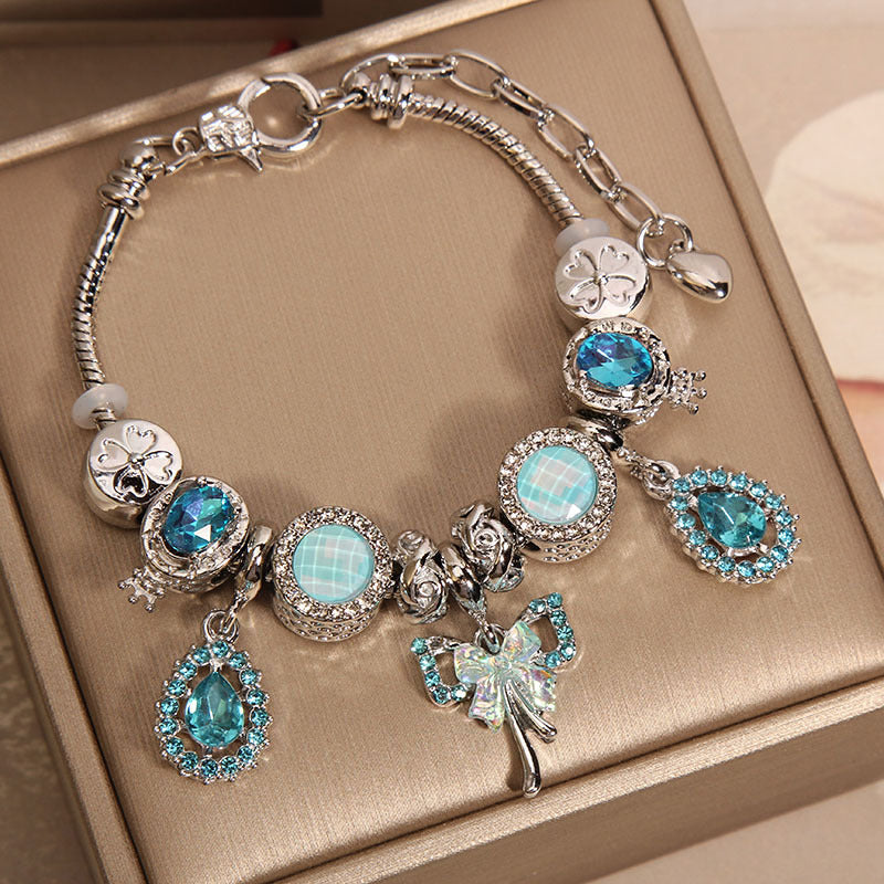 Minimalist Luxury Blue Crystal Teardrop Butterfly Charm Bracelet for Women