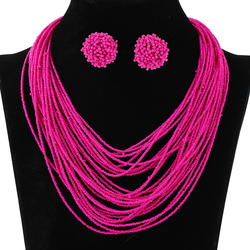 Bohemian Multi-Layer Glass Seed Bead Necklace and Earrings Set for Women with Line Pattern and Ethnic Design