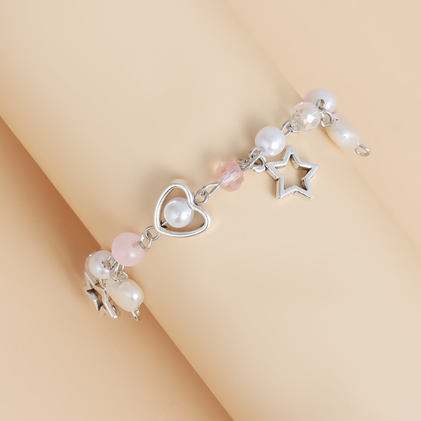 Sweet Fresh Heart and Star Shaped Tassel Bracelet with Simulated Pearl and Crystal Accents Electroplated Metal Minimalist Jewelry