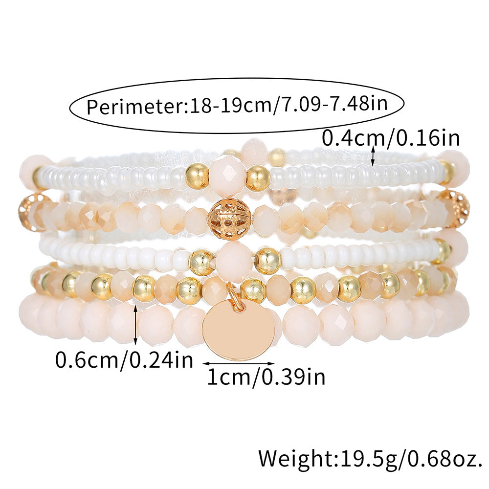 Bohemian Minimalist Geometric Round Glass Bead Alloy Multi-Layer Stretch Bracelet Set for Women