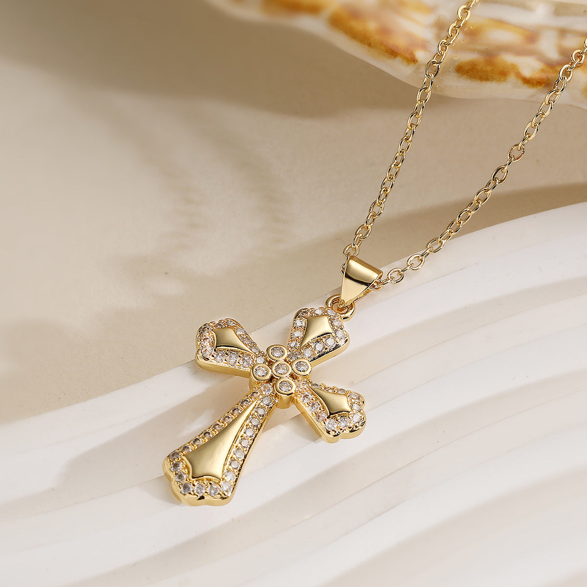 Minimalist Cross Pendant Necklace for Women with Copper Base Plated in 18K Gold and Zircon Inlay