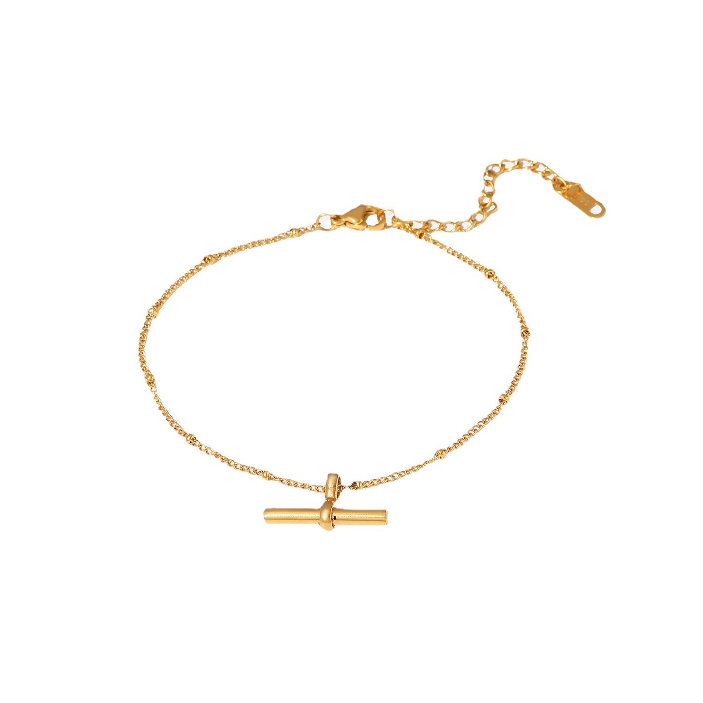 Tobillera minimalista geométrica de titanio y acero con colgante de barra en T chapado en oro de 18K y cadena de cuentas.