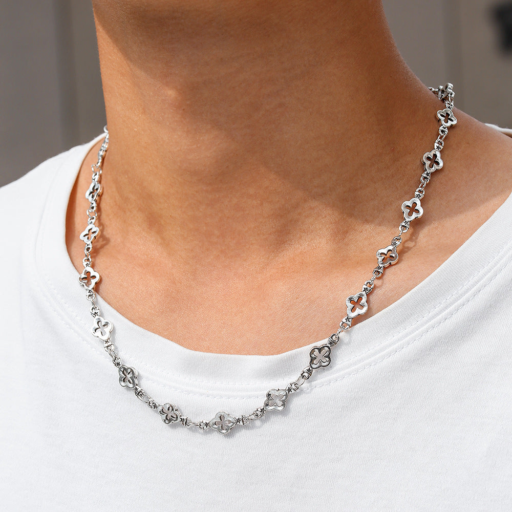 Hip-hop Men's Hollow Star and Clover Geometric Alloy Necklace with Cable Chain