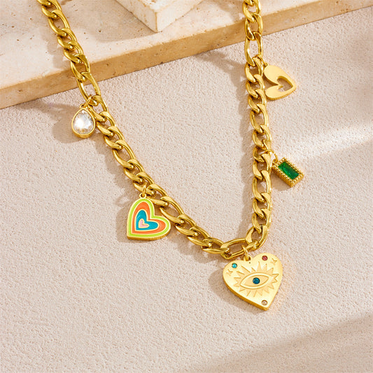 Fashionable Heart-Shaped Enamel Pendant Necklace with Rhinestone Inlay on Gold-Plated Stainless Steel Snake Chain for Women