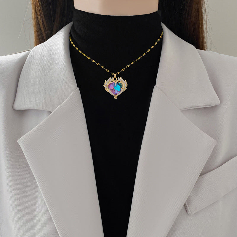 Collana Unisex in Acciaio Inossidabile a Forma di Cuore in Stile Cartone Animato con Intarsio di Strass, Catena a Medaglione Minimalista