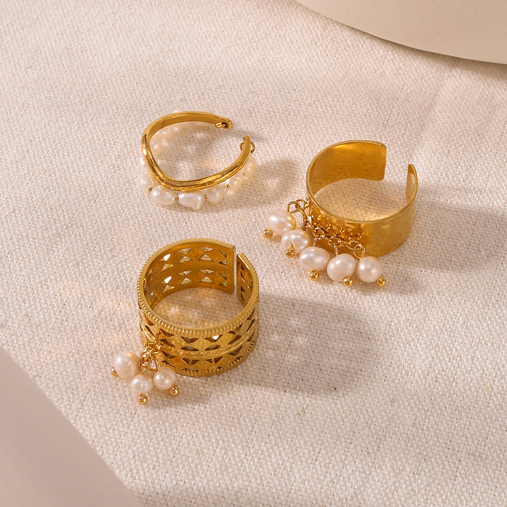 Vintage French Style Geometric Pearl Pendant Stainless Steel Ring with 18K Gold Plating Adjustable Opening Design