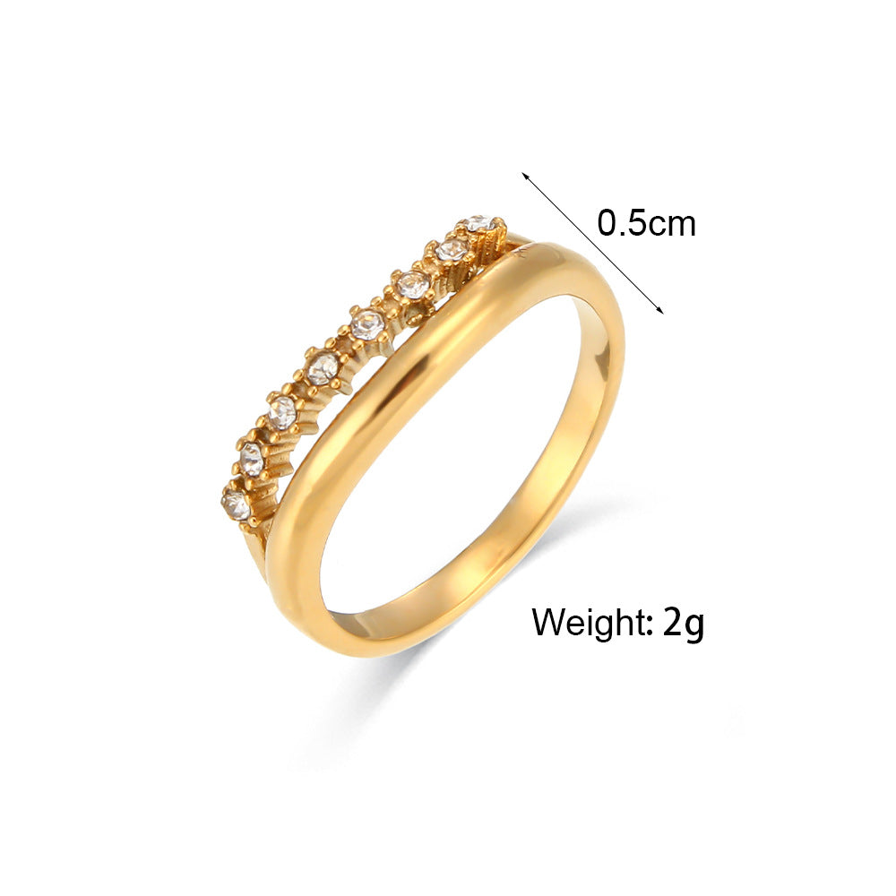 Minimalist Geometric Stainless Steel Plated Double Layer Thin Ring with Zirconia for Women