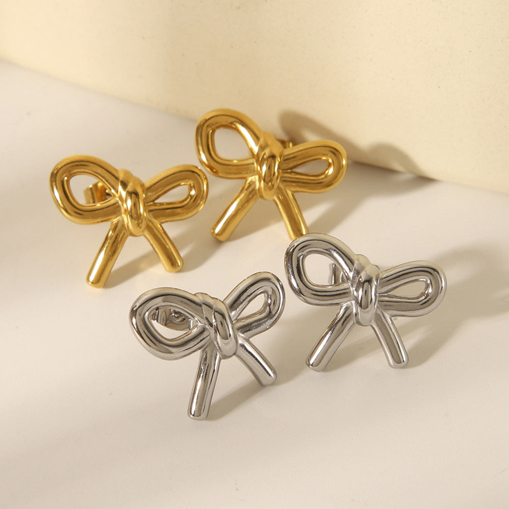 Fashionable 18K Gold Plated Stainless Steel Bow Knot Stud Earrings for Women