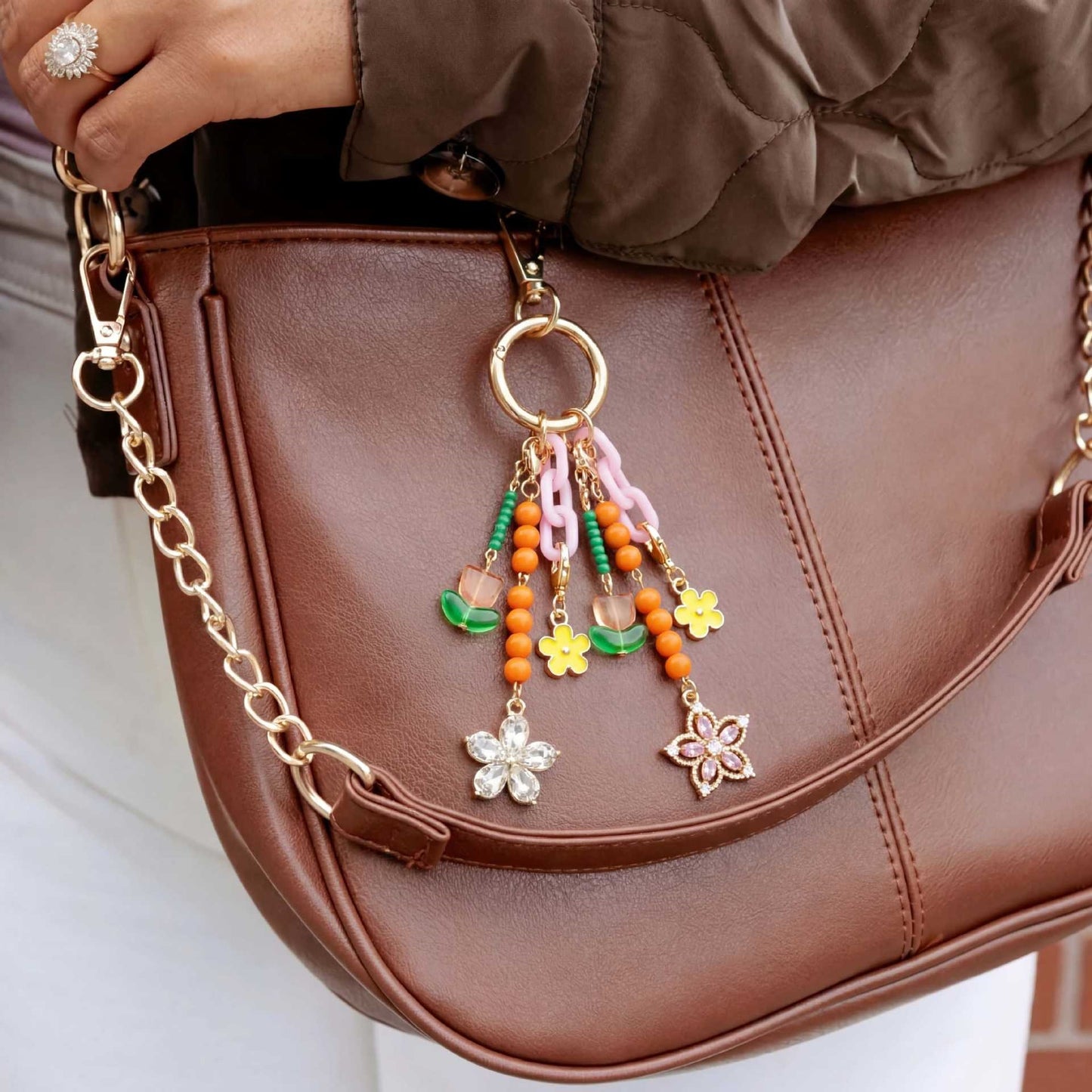 Minimalist Sweet 18K Gold Plated Brass Floral Plant Charm Bar for Bag Keychain DIY