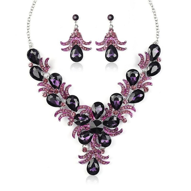 Personalized Exaggerated Purple Alloy Waterdrop Necklace and Earring Set with Rhinestone Inlay for Women Wedding