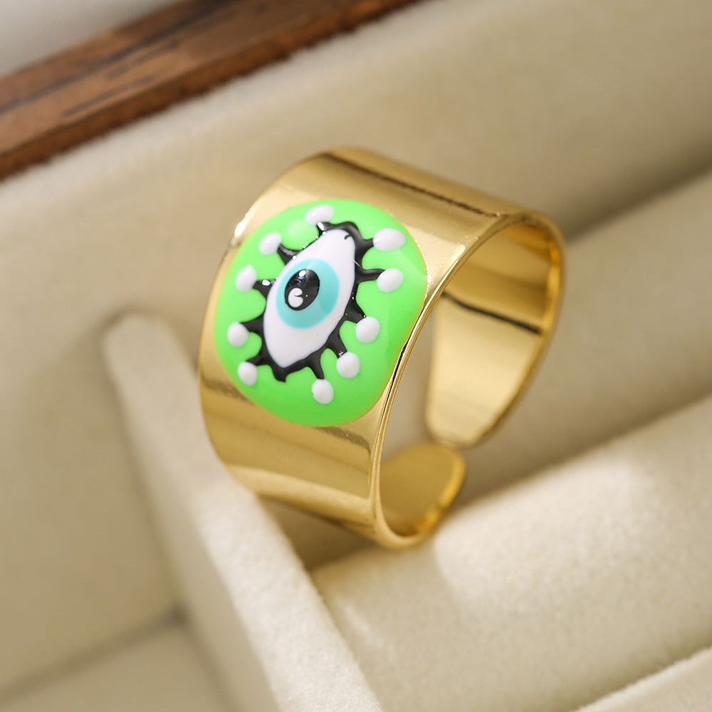 Anello Aperto Geometrico da Donna con Base in Rame Placcato Oro 18K e Smalto Design Occhio di Allah