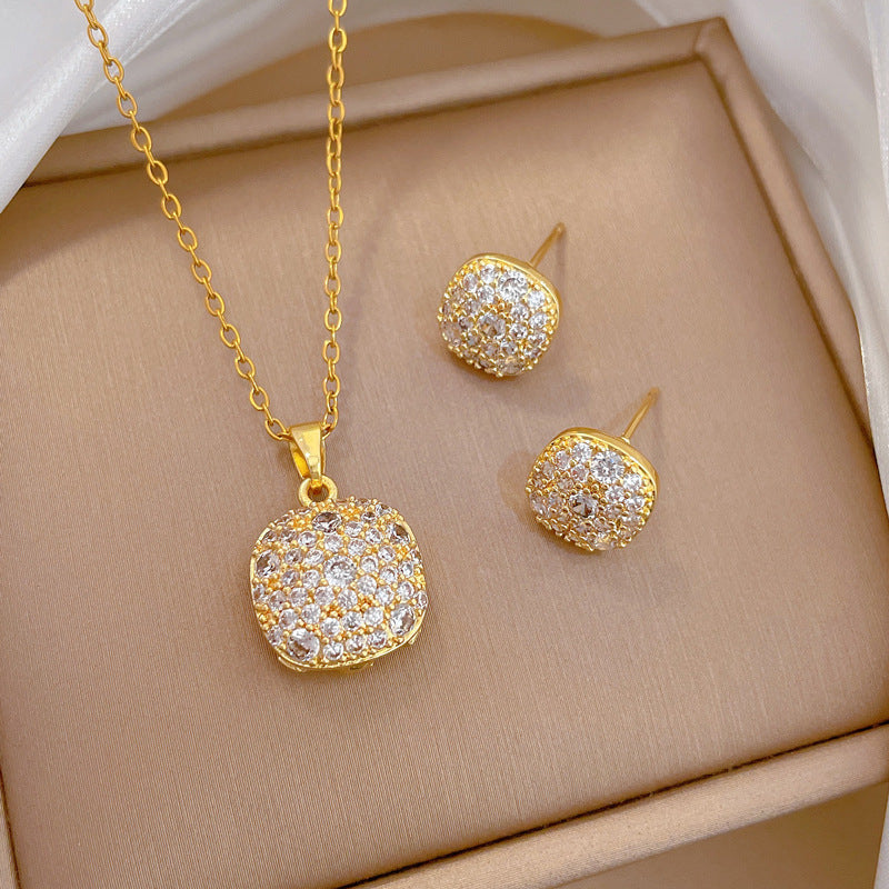 Sweet Minimalist Full Rhinestone Square Moon Titanium Steel Necklace Set for Unisex
