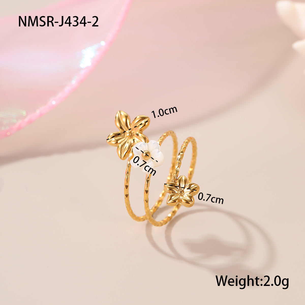 Elegante anello aperto da donna in acciaio inossidabile con perle e motivo floreale, placcato in oro 18 carati