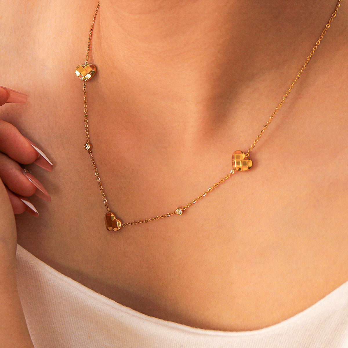 Geometric Heart Pendant Necklace for Women Stainless Steel with 18K Gold Plating and Zircon Inlay