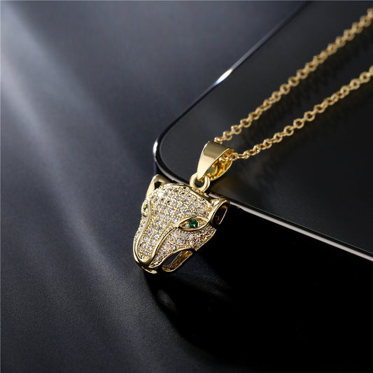 18K Gold Plated Brass Micro-Inlay Cubic Zirconia Leopard Pendant Necklace with Cable Chain