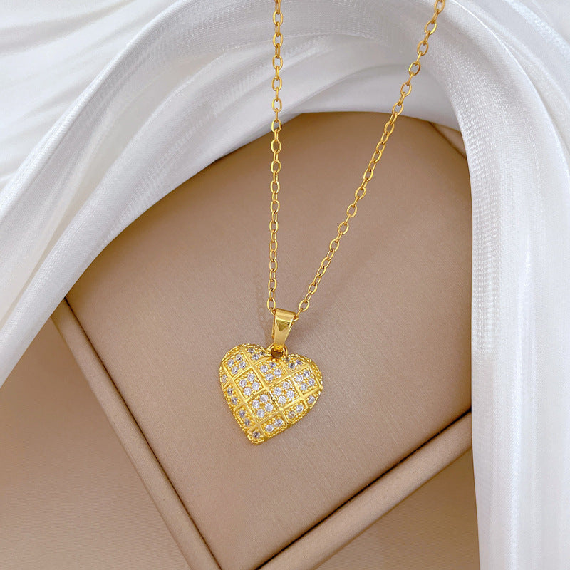 Sweet Minimalist Geometric Heart Rhinestone Titanium Steel Necklace for Unisex