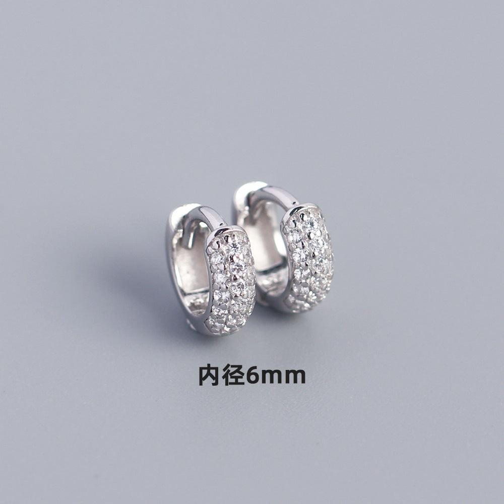 Minimalist Geometric S925 Sterling Silver Huggie Hoop Earrings with Triple Row Rhinestone Inlay