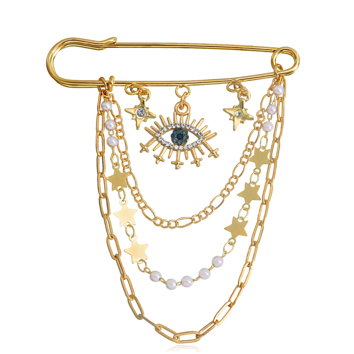 Vintage-Style Evil Eye Rhinestone-Embellished Geometric Brooch for Women with Tassel Detail