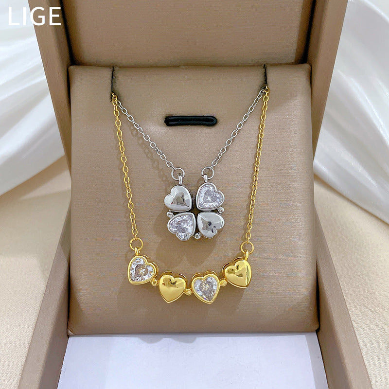 Minimalist Four-Leaf Clover Pendant Necklace in Titanium Steel with Rhinestone Inlay for Women and Men