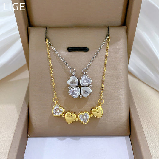 Minimalist Four-Leaf Clover Pendant Necklace in Titanium Steel with Rhinestone Inlay for Women and Men