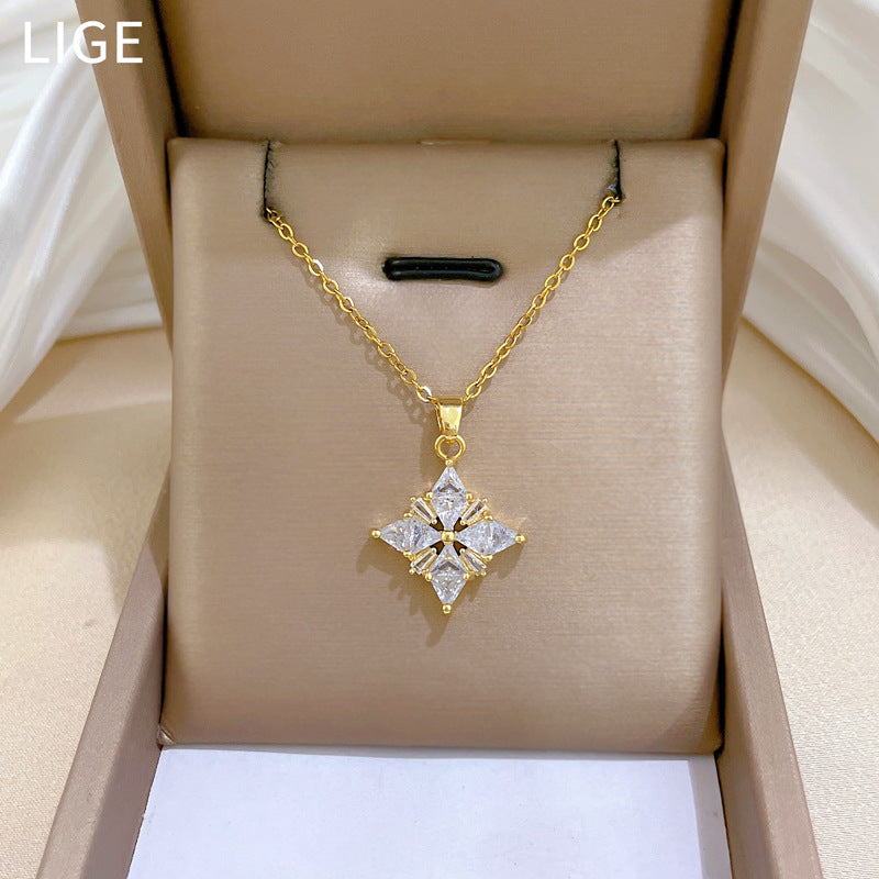 Sweet Minimalist Geometric Rhinestone Clover Pendant Titanium Steel Necklace for Unisex