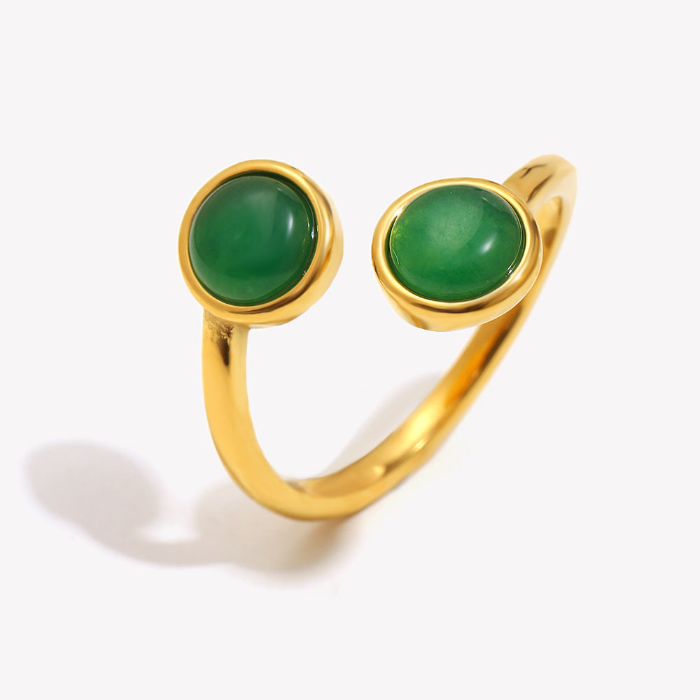 Elegant Vintage French-Style Geometric Stainless Steel Plated 18K Gold Open Ring for Women with Green Agate