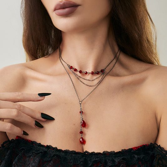 Vintage Gothic Geometric Crystal Pendant Y-Shape Tassel Necklace for Women