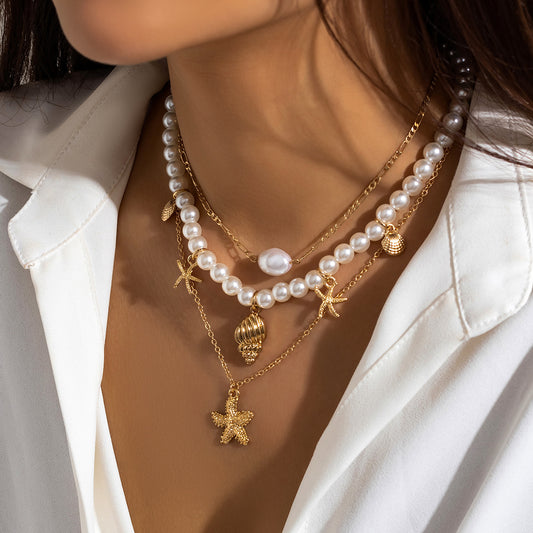 Collar con colgante de estrella y concha estilo retro playero para mujer, de aleación de zinc con acabado chapado