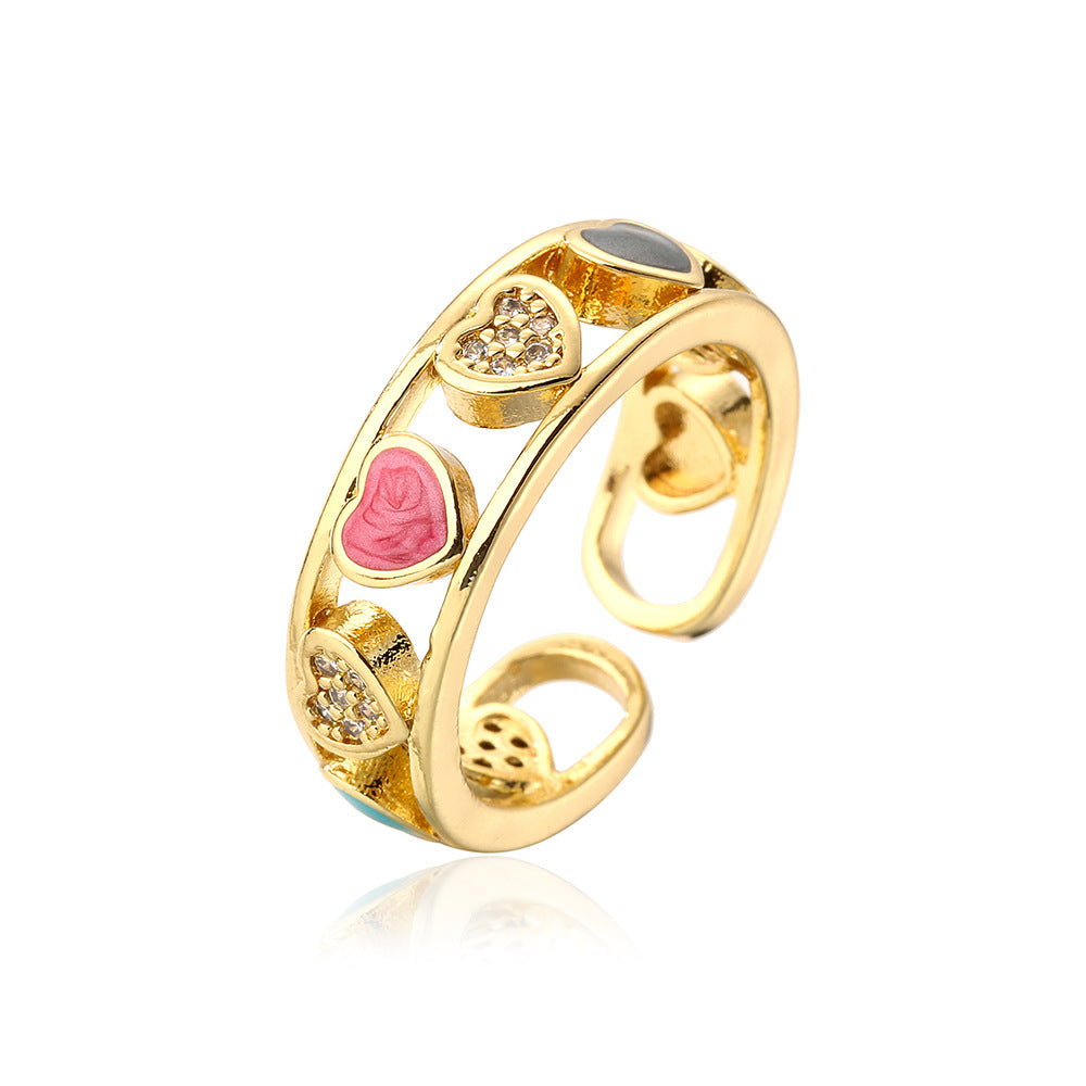 Anello geometrico minimalista in rame placcato oro 18K con intarsio a cuore in strass da donna